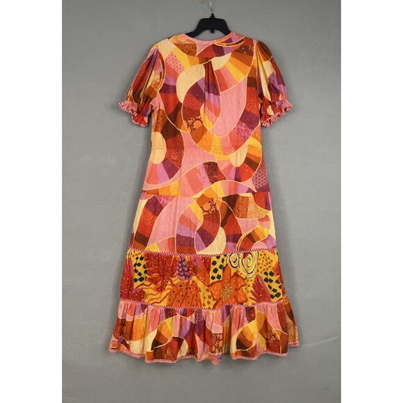 Farm Rio Dress Womens Large Red Orange Patchwork Twirl Boho Ruffle Peasant Loud - Picture 9 of 16